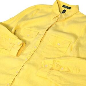 Lauren Ralph Lauren Top Womens Size Large 100% Linen Pockets Button Up Yellow